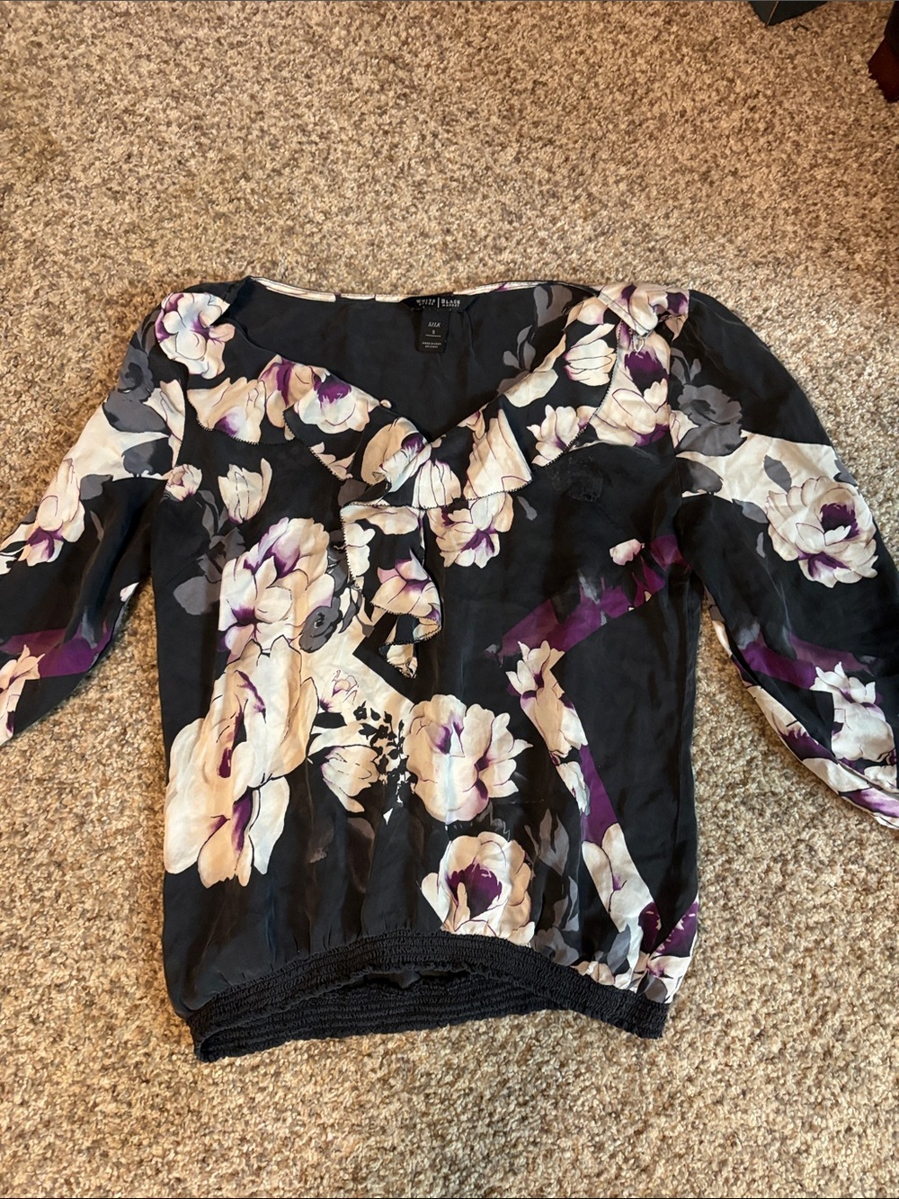 White House Black Market Black Floral V-Neck Blouse with Cream and Purple Blooms